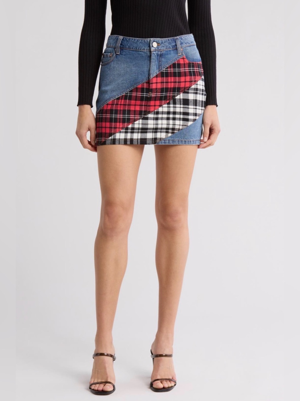 Alice + Olivia Denim Mini Skirt with Red & Black Plaid Panels Size 27
